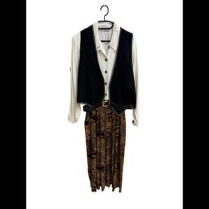 Vintage 80s 90s Boho Tribal Print Dress and Vest Set Western